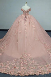 Ball Gown Off Shoulder Sleeveless Fully 3D Butterflies Appliques Lace Up Pink Tulle Quinceanera Dress Birthday Party Dress Evening Gown For Sweet 16